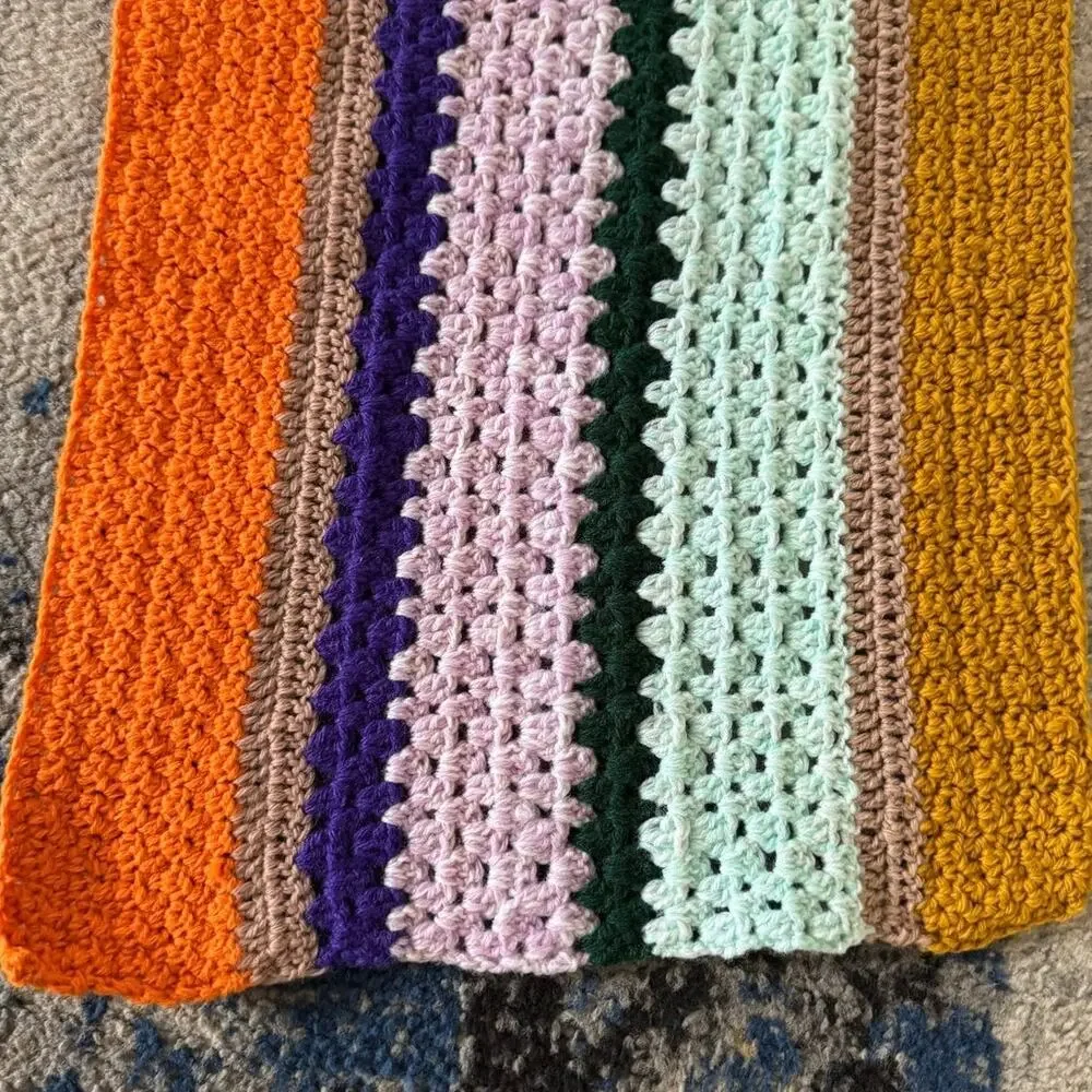 Vintage Striped Boho Crochet Table Runner 15x56 Inches Orange Gold Purple Green